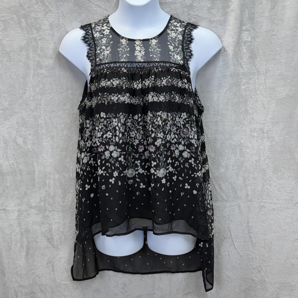 BCBGMAXAZRIA Blouse Womens L Black Floral Chiffon Lined Tunic Top Party